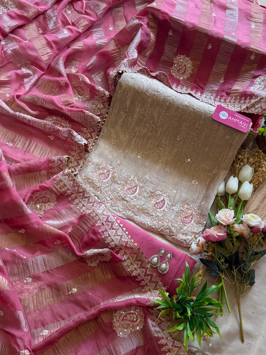 Shimmer Organza Embroidered rose gold suit set with combination dupatta