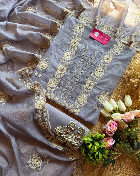 Pastel Mul Chanderi white Dori machine work suit set