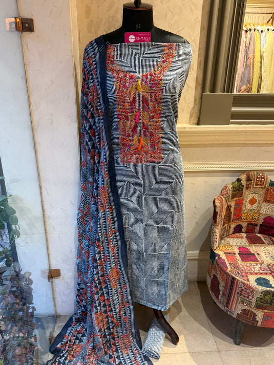 Coloured Kantha neck and dupatta on printed cotton suit