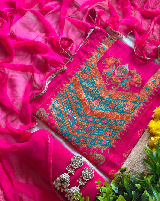 Panel jacquard Dolla silk suit set with chiffon dupatta