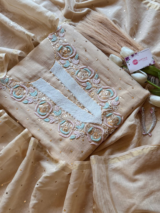 Pure Mul Mukaish Kamdani hand embroidered suit set (Design 1)