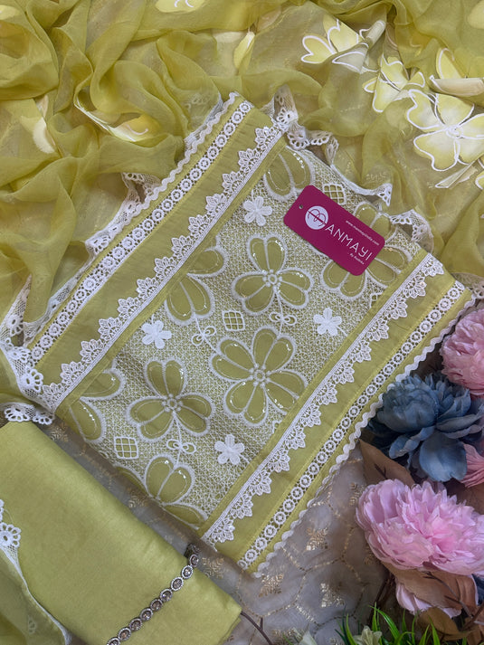 Pastel organza crochet detail suit set with handpaint dupatta