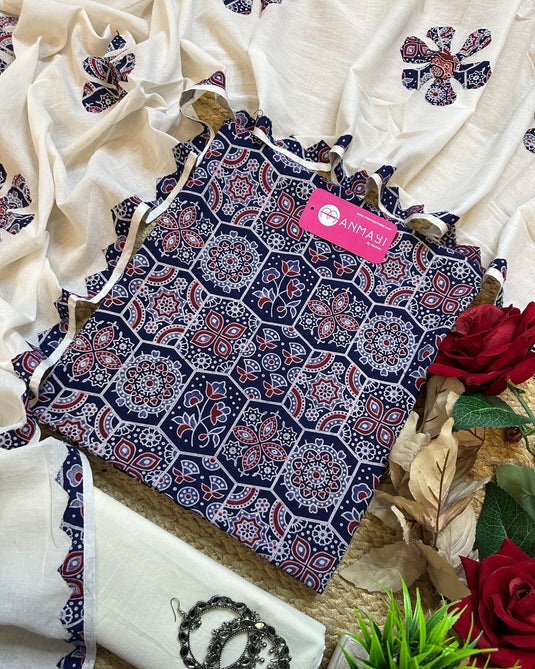 Patch work dupatta ajrakh cotton suit set