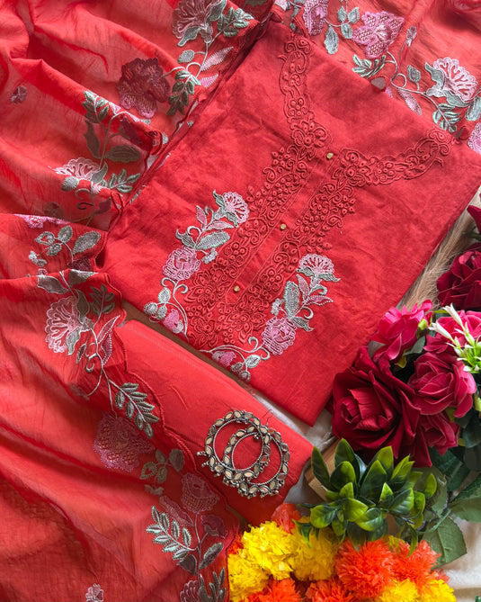 Running stem neck work Mul Chanderi suit set