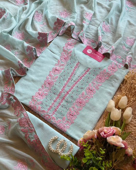 Intricate neck rose Mul cotton suit set