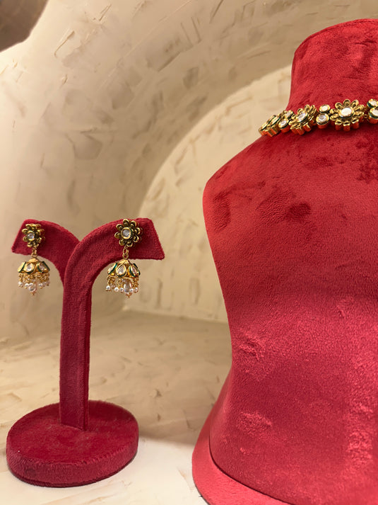 3D flower antique Kundan suit set with jhumkis