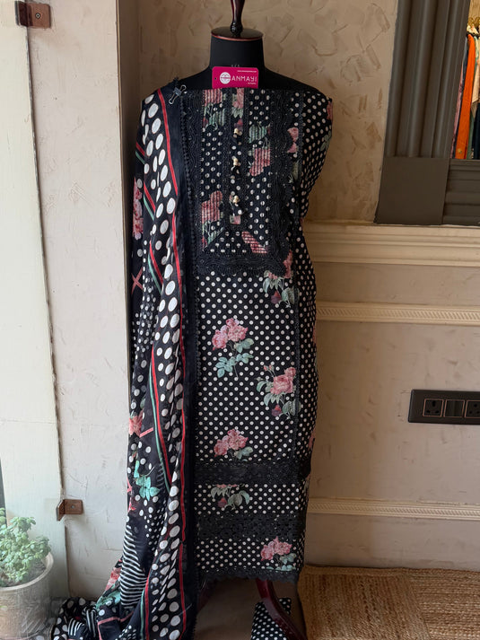 Digital flowers polka dots mul cotton Pakistani suit set
