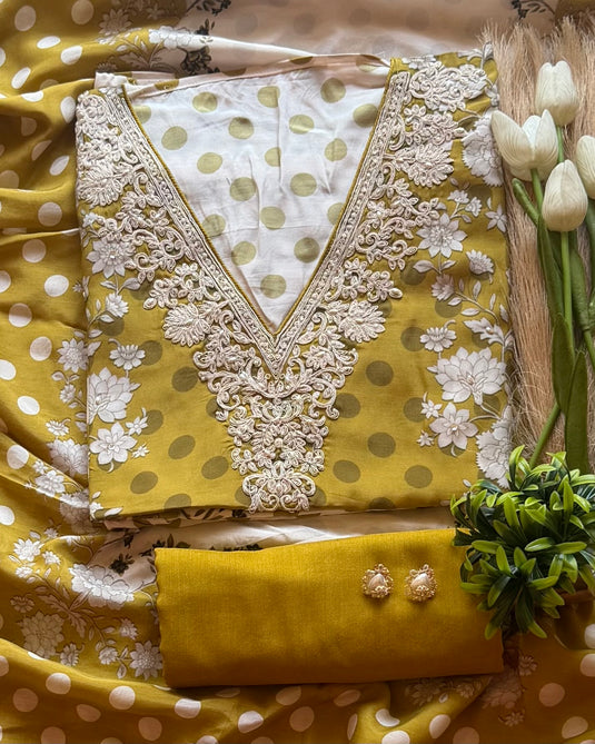 Polka dots floral fusion pure muslin suit set