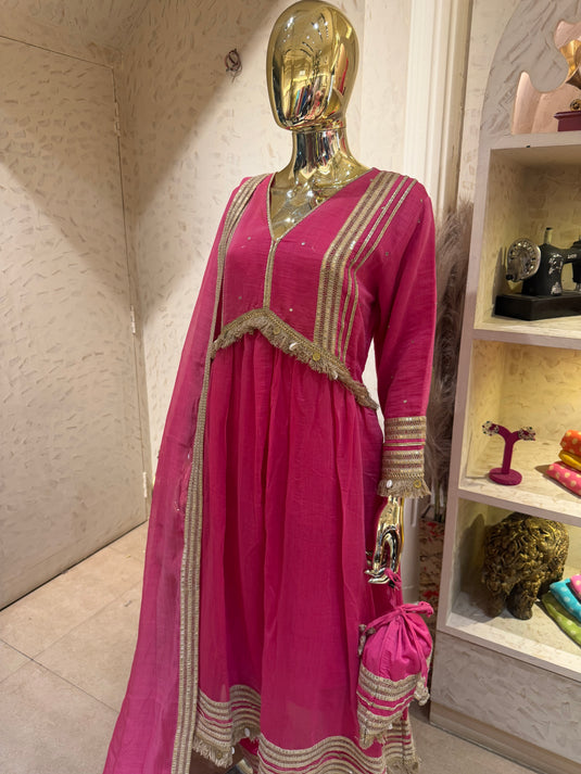 Anarkali Mul cotton fringe lace suit set