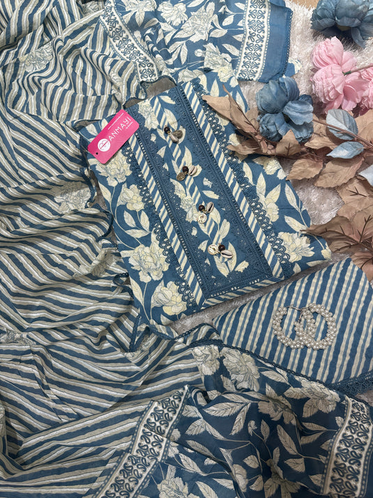 Patterned garden pure cotton suit set with shell neck