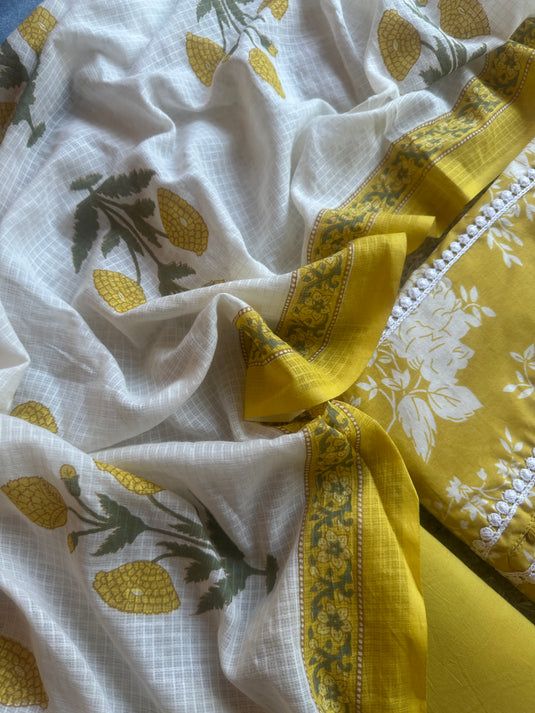 Pure cotton floral lace work suit with soft kota doria dupatta
