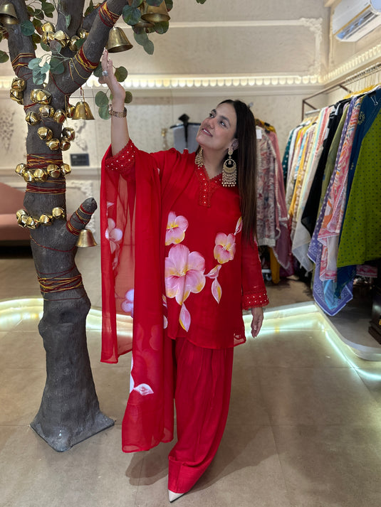 Handpainted organza suit set with farshi salwar