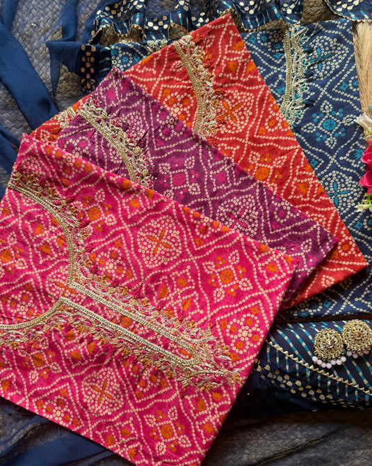 Bandhani gold highlight cotton suits with zari neck and chiffon dupatta