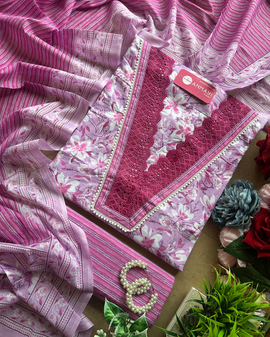 Daylight pastel crochet v neck suit set with cotton dupatta