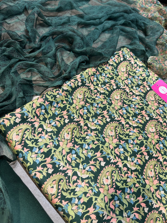 Printed Ambi pure spun suit set with pure chiffon print dupatta