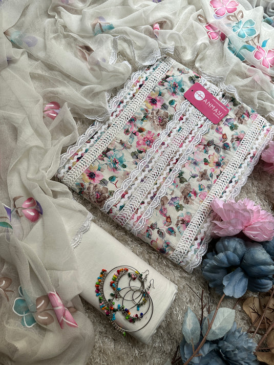Patterned lace work suit with digital print on muslin cotton fabric