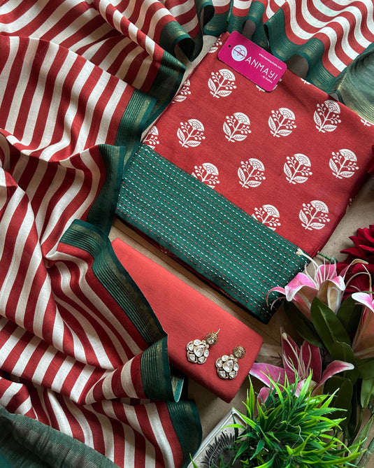 Pure Modals block print suit set with stripes dupatta and cotton bottom