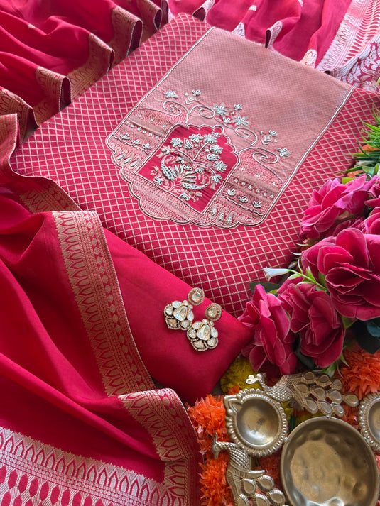 Kanjivaram temple cross weave suit set