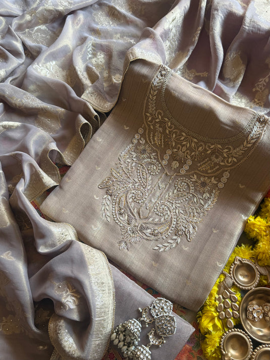 Kanjivaram zardosi work onion gold suit set