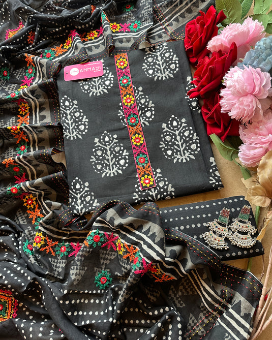Block print cotton suit set with Phulwari work dupatta