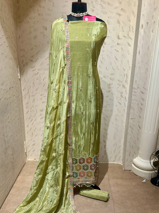 Shimmer silk coloured motif work suit set with silk bottom