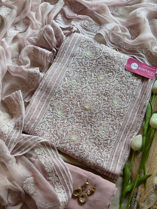 Pure Georgette Chikankari panel Suit Set with chiffon patched dupatta