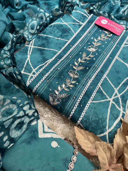 Thread batik pure cotton suit set with pure chiffon tassel dupatta