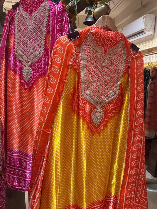 Bandhani dori work gajji silk suit set