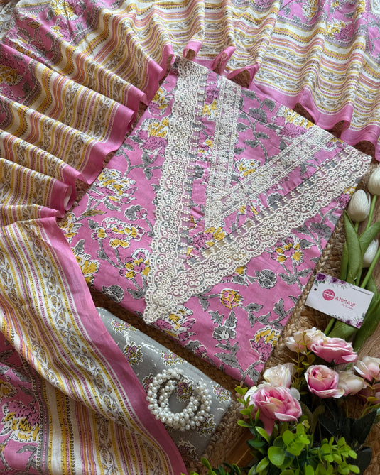 Cambric cotton V neck crochet Jaipuri pastel suit set