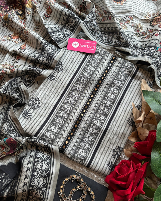 Grey black muslin suit set with mirror crochet neck