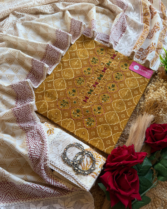 Flower frame cotton suit set with block print crochet dupatta and bottom
