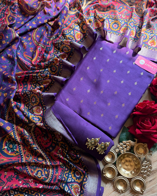 Purple Banarasi pure silk suit with print dupatta