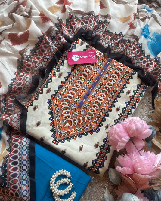 Muslin cotton Ikkat print suit set with rayon bottoms