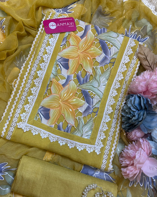 Coloured crochet patch work pure organza suits with handpaint dupatta