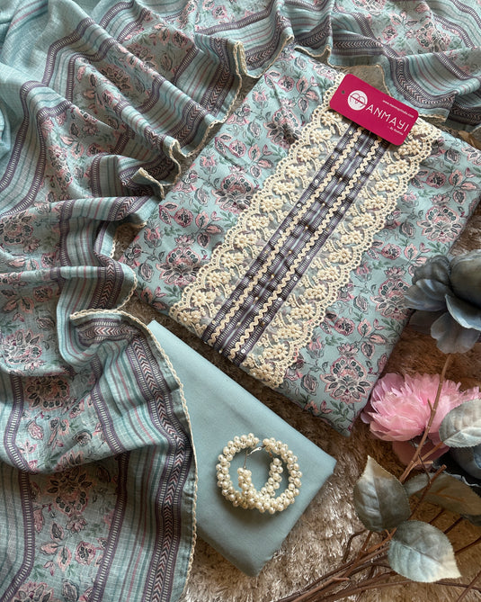 Soft printed rayon cotton suit set with cotton dupatta