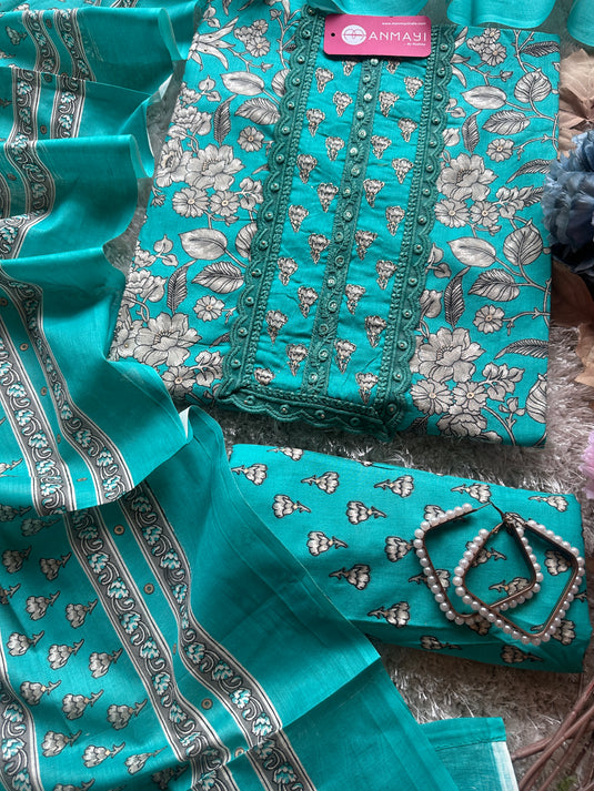 Patterned neck floral print cambric cotton suit