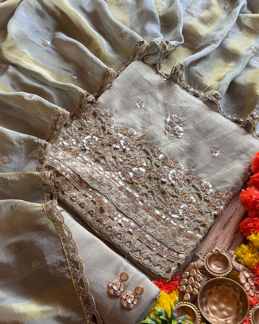 Crushed shimmer jaal cutwork embroidered suit set