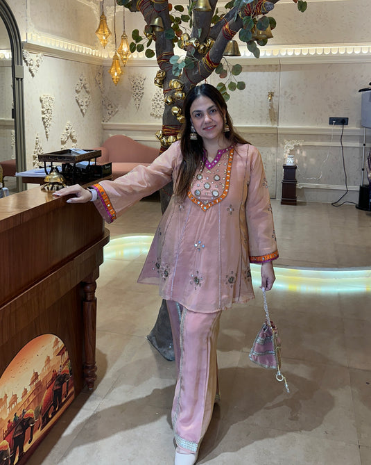 A line plazo mirror work shimmer organza coord set with potli