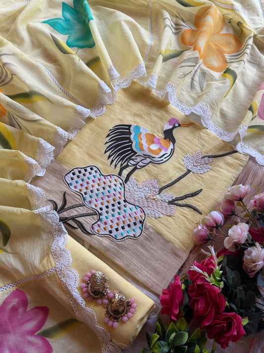Pearl studded Crane Mul cotton suit set with handpaint dupatta