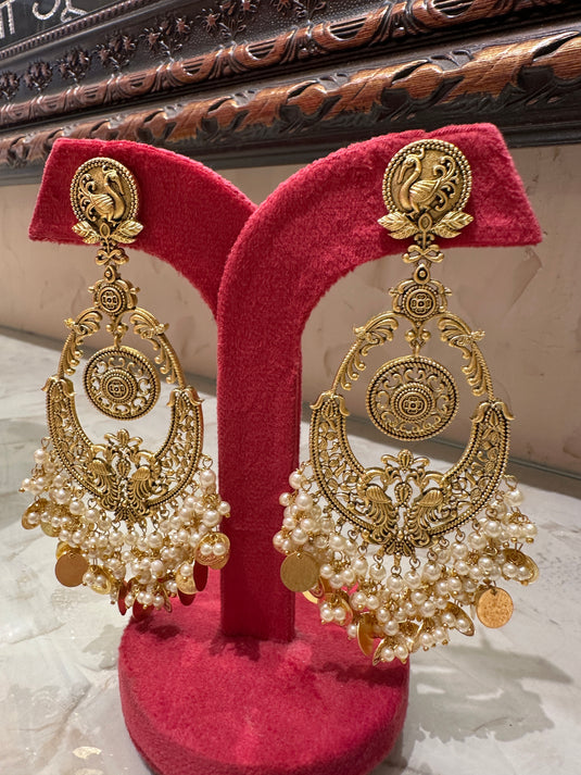 Feather coin pearl earrings
