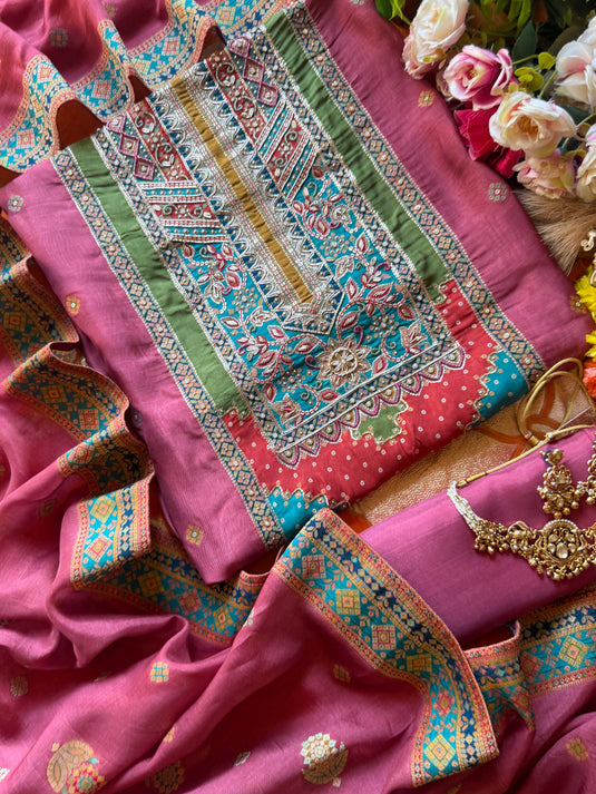Pure silk pink panel work Pakistani suit set