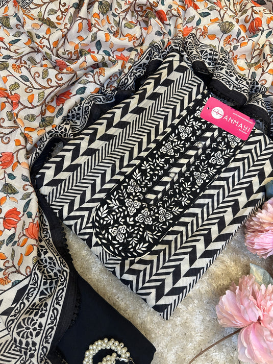 Abstract black and white muslin suit with digital print dupatta