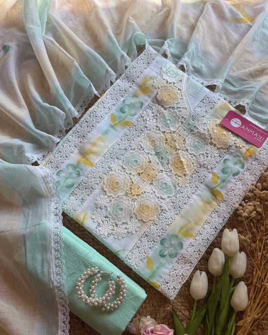 Shaded pastel crochet work cotton suit with cotton dupatta