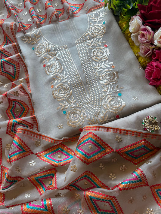 Kamdani work soft organza suit set with Phulkari dupatta