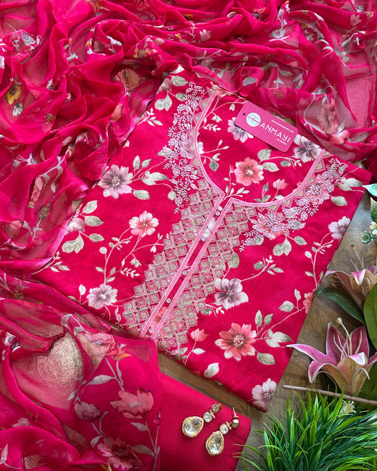 Floral cotton suit with cross stitch neck and pure chiffon printed dupatta