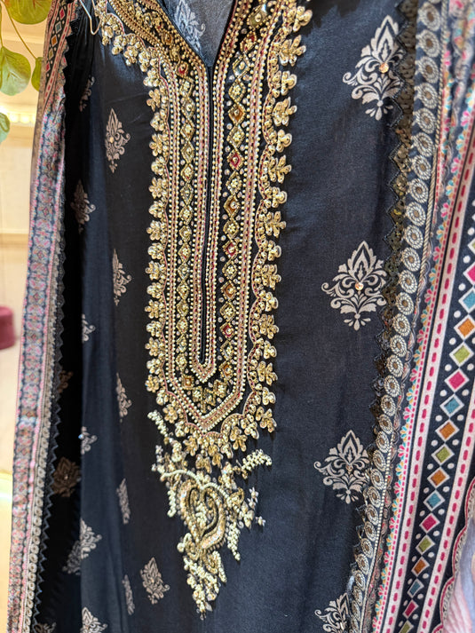 Persian print embroidered neck pure crepe suits