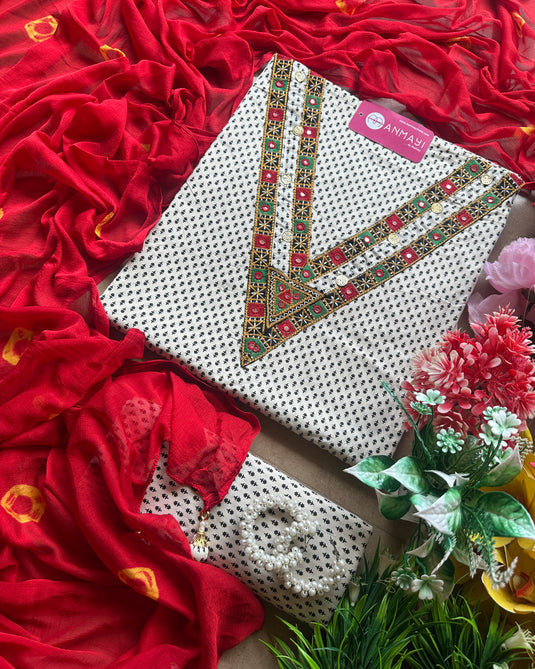 Jodhpuri self print cotton suit set with Jodhpuri neck and batik chiffon dupatta