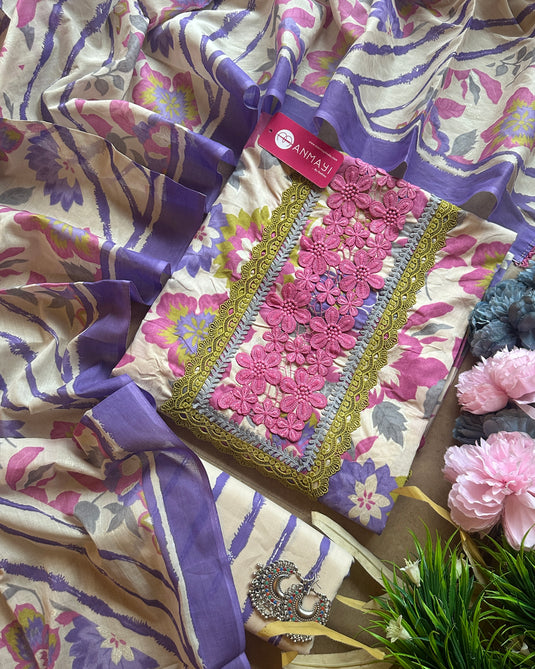 Bright floral cambric cotton crochet neck suit set