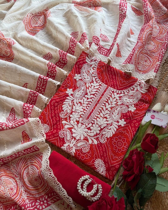 Traditional Bandhani pure cotton suit set with chikan neck