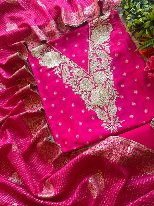 Sparrow neck Dolla silk suit set with Banarasi jacquard dupatta